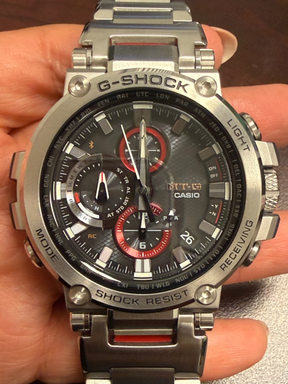 Casio Stainless Steel G-Shock Watch with Gray Dial and Red Accents